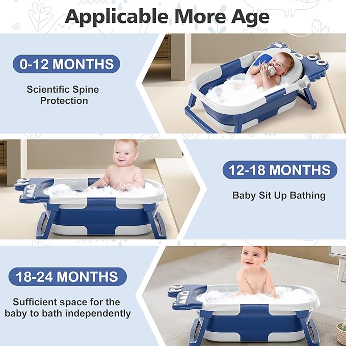 Collapsible Baby Bathtub for Newborn, Foldable Baby Bath Tub with Thermometer & Soft Floating Cushion & Drain Hole, Portable Travel Infant Bath Tubs for Newborns to Toddlers 0-36 Months Boy,NavyBlue-CubbioJoy