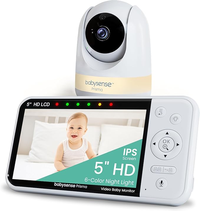 Babysense Prisma Baby Monitor with Camera and Audio, 5” HD Video Baby Monitor, 6-Color Night Light, Split Screen, Baby Sound Machine with White Noise & Lullabies, Secure No WiFi-CubbioJoy