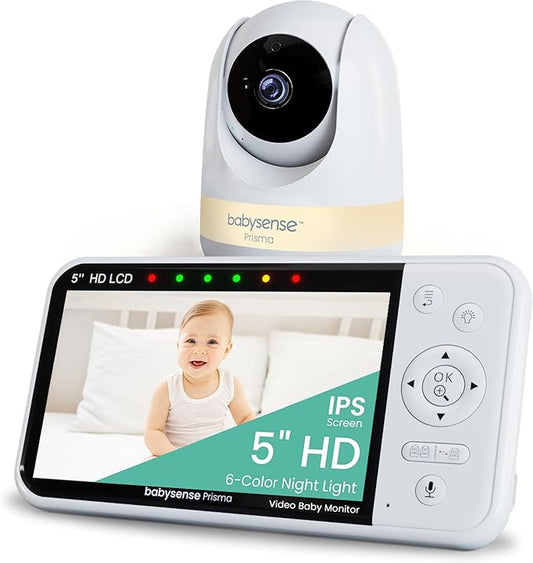 Babysense Prisma Baby Monitor with Camera and Audio, 5” HD Video Baby Monitor, 6-Color Night Light, Split Screen, Baby Sound Machine with White Noise & Lullabies, Secure No WiFi-CubbioJoy