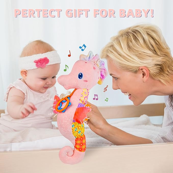 Baby Toys 0-6 Months,Infant Musical Seahorse Stuffed Animals Sensory Toys with Bright Colors,Multiple Textures,Rattles & Crinkle Sound Paper,Soft Tummy Time Toy for Newborn Boys Girls 0-12 Months-Pink-CubbioJoy