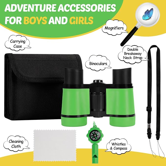 Binoculars for Kids, Kids Binoculars Toys for 3 4 5 6 7 8 Years Boys and Girls, Set with Magnifying Glass & Compass - Birthday Gifts Outdoor Toy for Kid Ages 3-8 Toddler Camping (Green)-CubbioJoy