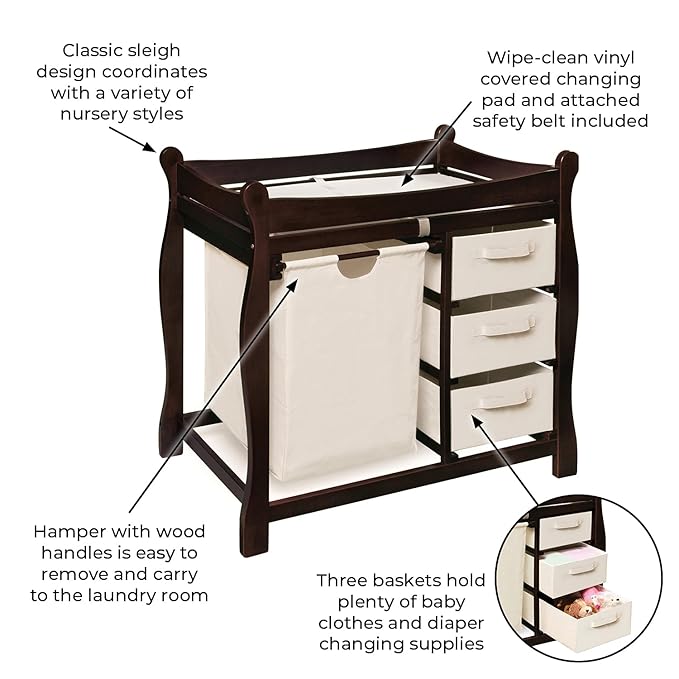 Badger Basket Sleigh-Style Baby Changing Table - Diaper Changing Station with 3 Storage Baskets - Nursery Organizer with Hamper, Changing Pad, Safety Rails - Espresso-CubbioJoy