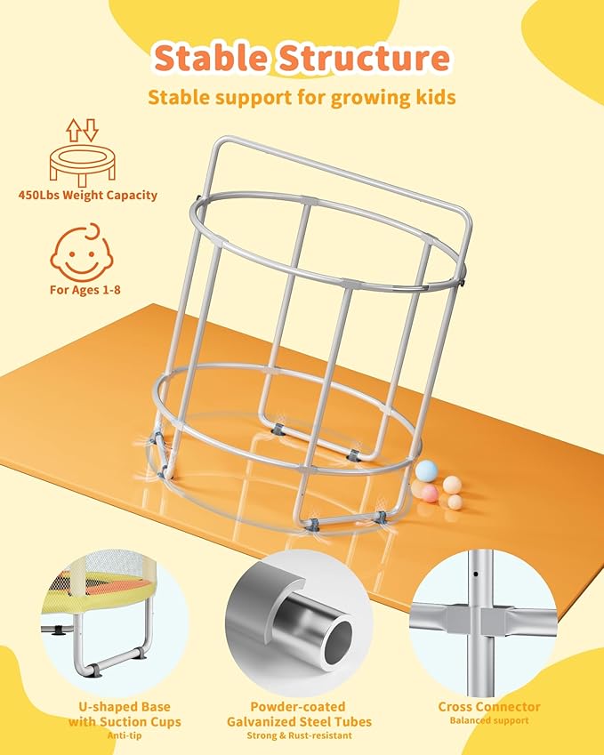 55” Trampoline for Kids, Powder-Coated Mini Trampoline for Toddlers, Indoor Outdoor Toys with Adjustable Gymnastics Bar, Swing, Basketball Hoop, Birthday Gifts for Boys & Girls Ages 1-8-CubbioJoy