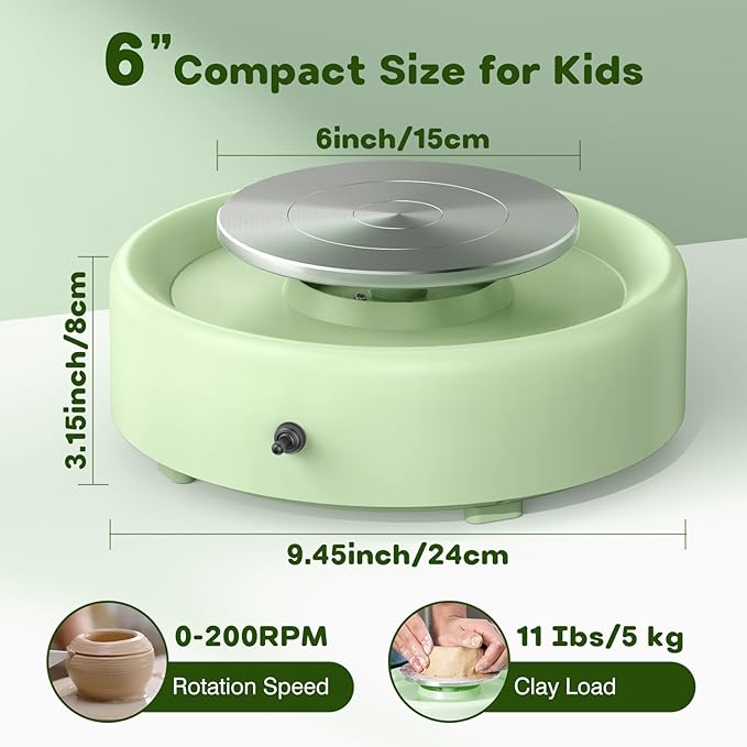 Alldeer Mini Pottery Wheel Machine - 6" Upgraded Clay Wheel for Beginners & Kids, 75W Motor, Adjustable Speed, Low Noise Ceramic Making Kit with 18PCS Sculpting Tools, Ideal for Home DIY (Green)-CubbioJoy