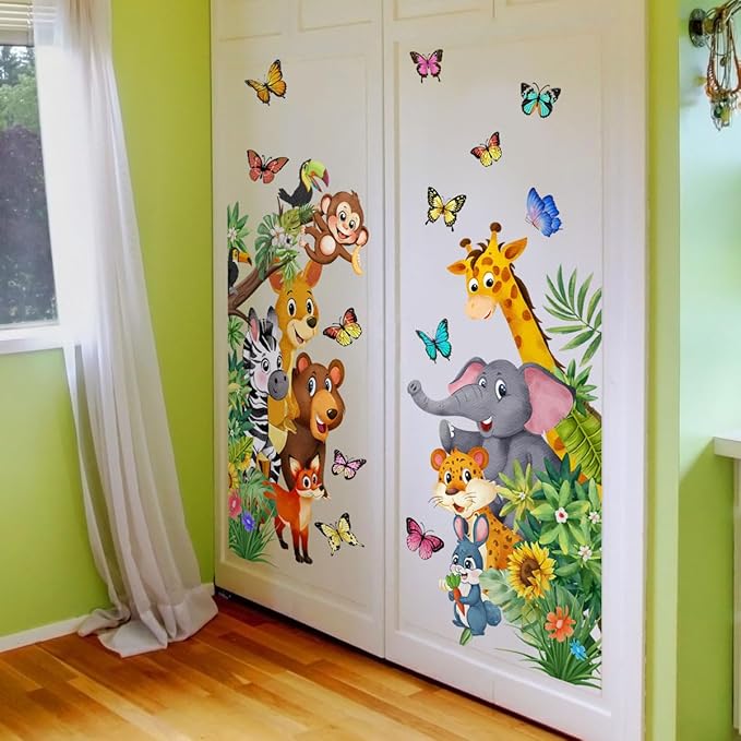 Jungle Animal Wall Decals, Cartoon Animal Sticker Safari Elephant Lion Monkey Wall Decals for Baby Room Playroom Bedroom Classroom Kindergarten Decor-CubbioJoy