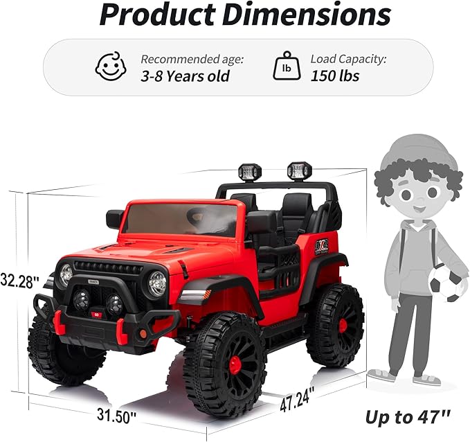 2 Seater Ride on Car Truck, 12V Kids Electric Ride on Toy for Big Kids Age 3-8 w/Remote Control- Red-CubbioJoy