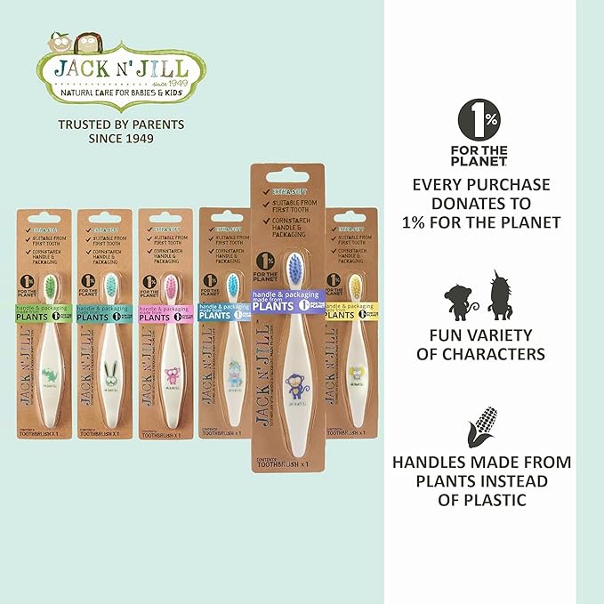 Jack N' Jill Kids Toothbrush - Extra Soft Bristle Toothbrush for Kids, Handle & Packaging Made from Plants (Corn), Ergonomic Handle for Little Hands - Dino Baby (1 Pack)-CubbioJoy