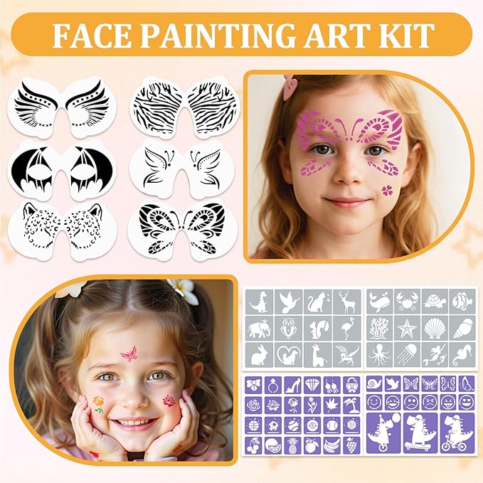 42 Color Face Painting Kit for Kids-Non Toxic Water Activated Face Paint Palette with 16 Crayons,6 Reusable & 63 Sticky Stencils,Brushes,Gems.Ideal Choice for Carnival,Halloween,Parties,Makeup etc.-CubbioJoy