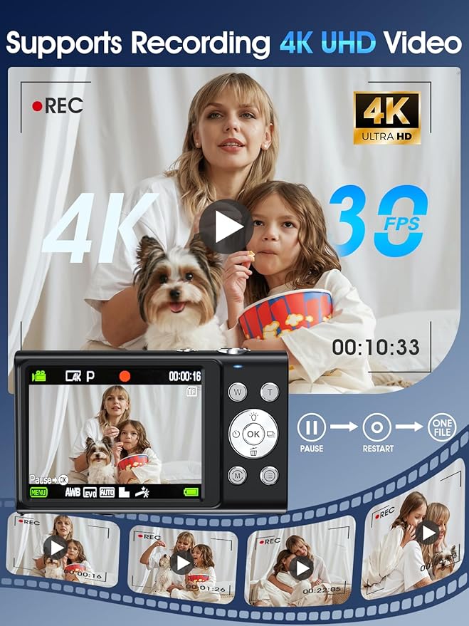 Digital Camera,Autofocus 4K Vlogging Camera for Photography with 32GB Card,48MP Portable Compact Point and Shoot Digital Camera for Teens Adult Beginner with 16X Zoom,Anti-Shake,2 Batteries(Black)-CubbioJoy