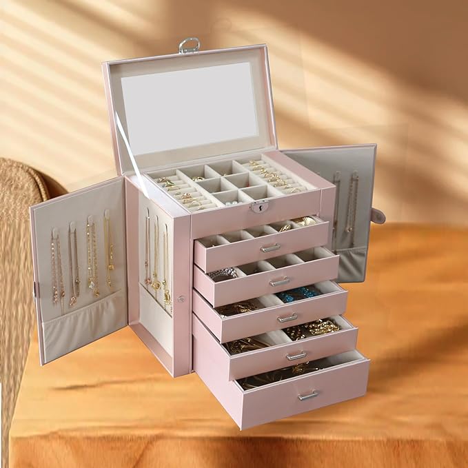 BOOVO Jewelry Box For women, 6 Layer Large Jewelry Organizer With Mirror, Multi-Function Storage Box With Lock, Accessory Holder With 5 Drawers, For Earrings Necklace Ring Bracelet (Rose Gold)-CubbioJoy