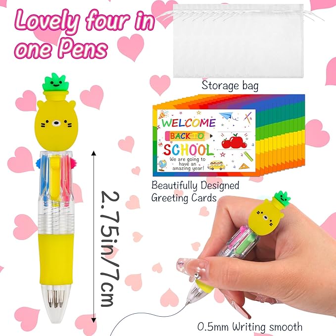 30 Set Cute Multicolor Pens in One 4-in-1 Fun Pens Bulk with 30 Gift Cards for Kindergarten Party Welcome Back To School Student Gift Bulk Office School Exchange Gifts-CubbioJoy