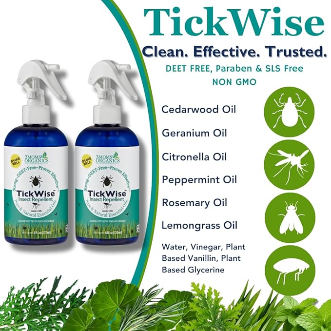 3 Moms Organics, TickWise 8oz Extra Strength Double Whammy 2-Pack - DEET- Free, Tick and Insect Repellent, Plant Based Essential Oils, All Natural Ingredients, Safe for Kids, Adults, Dogs & Horses-CubbioJoy