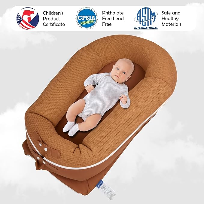 Baby Lounger, Deluxe Infant Lounger, Baby Nest Cover for Baby, Breathable Cotton, Adjustable Baby Floor Seat for Tummy Time, Newborn Essentials for Baby 0-12 Months (Brown)-CubbioJoy