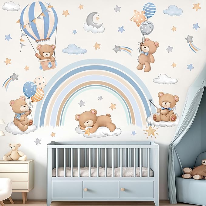 decalmile Rainbow Animal Wall Decals Hot Air Balloon Animals Bear Clouds Wall Stickers Baby Nursery Kids Bedroom Living Room Wall Decor-CubbioJoy