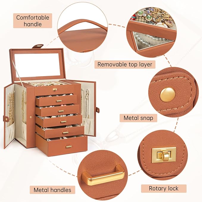 AKOZLIN Huge Jewelry Box Organizer Functional Large Leather Jewelry Storage Case for Women Girls Ring Necklace Earring Bracelet Holder Organizer with Mirror-CubbioJoy