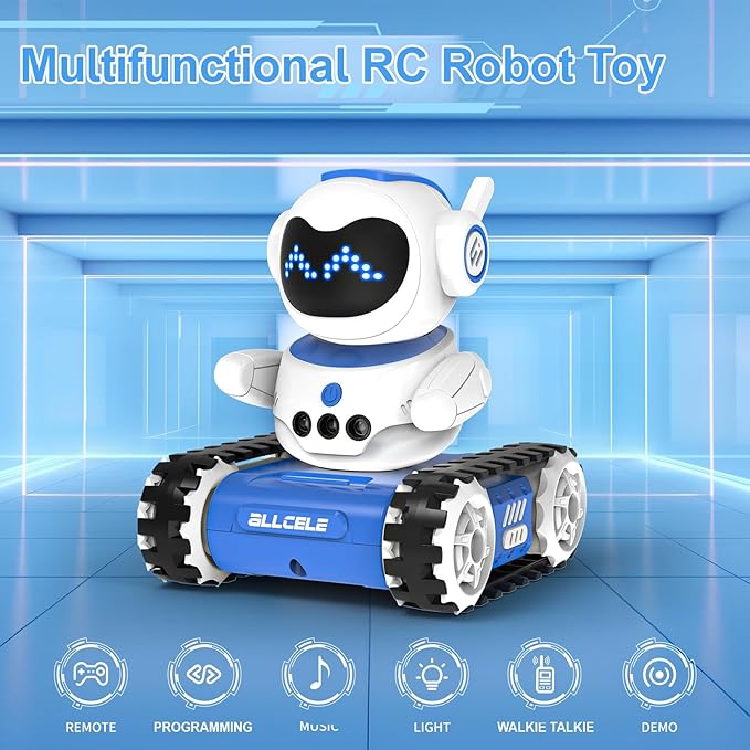 ALLCELE LED RC Robot Toys for Boys and Girls with Walkie Talkie, Programming, Music, Demo and LED Function, Remote Control Robot Toy, Gift for Kids 3-8 Years Old Blue White-CubbioJoy