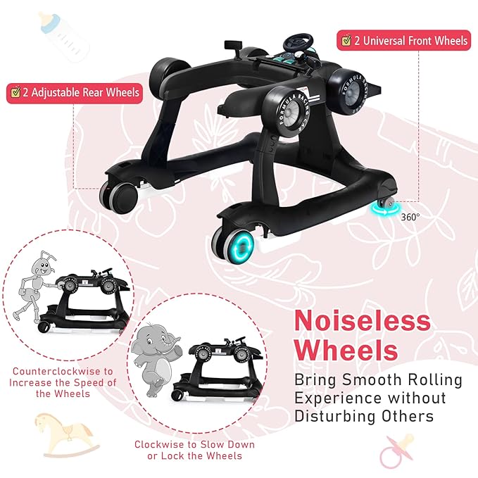 BABY JOY 4-in-1 Baby Walker, Foldable Activity Walker with Adjustable Height & Speed, Music, Lights, Anti-Rollover, Toddler Push Walker, Baby Walker with Wheels for Boys Girls 6-18 Months (Black)-CubbioJoy