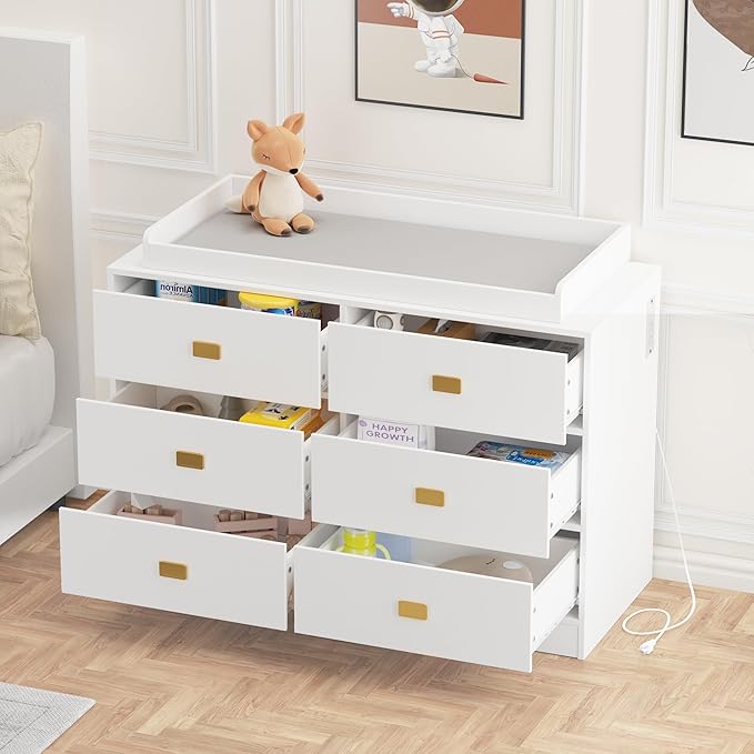 Dresser for Bedroom with 6 Drawers, Changing Table Dresser with Power Outlets, Soft Changing Pad & Removable Top, Baby Dresser with Changing Table Top for Nursery, White-CubbioJoy