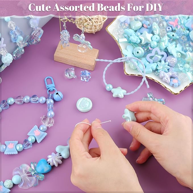 Assorted 170-230PCS Blue Acrylic Beads for Bracelet Making, Flower Bow Butterfly Candy GummyBear Aesthetic Bracelet Charms,Cute Beads for Jewelry Making DIY Necklace Keychain Phone Charm-CubbioJoy