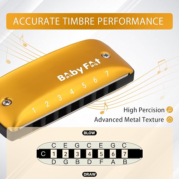 BabyFat 7 Hole Blues Mini Harmonica Set,Diatonic Harmonica with free lanyards,Gifts for Professional Players and Beginners,Easy-playing Musical Instrument(Key of G）-CubbioJoy