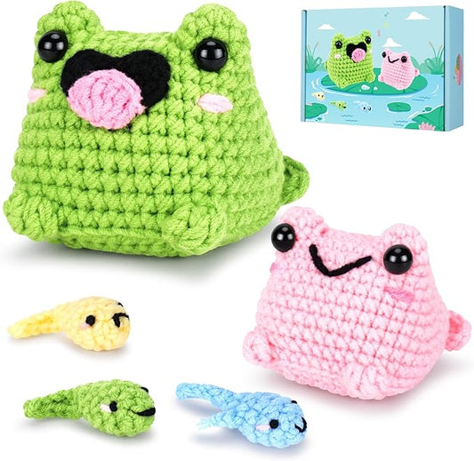 Crochet Kit for Beginners - Frog Family Crochet Kits with Step-by-Step Video Tutorials, Beginner Crochet Kit for Adults and Kids, 2 PCS Frogs and 3 PCS Tadpoles Crocheting Set-CubbioJoy