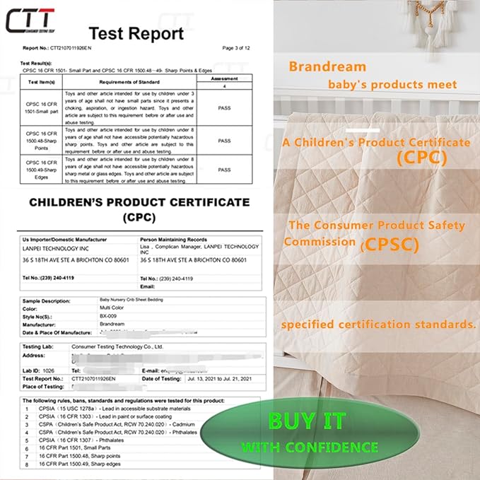 Brandream 3 Pieces Crib Bedding Set for Girls or Boys Quilt,Crib Sheet,Dust Ruffle Skirt, 100% Washed Cotton Like Linen Supersoft Farmhouse Chic Boho Beige Classic Quilted Plaid Design-CubbioJoy