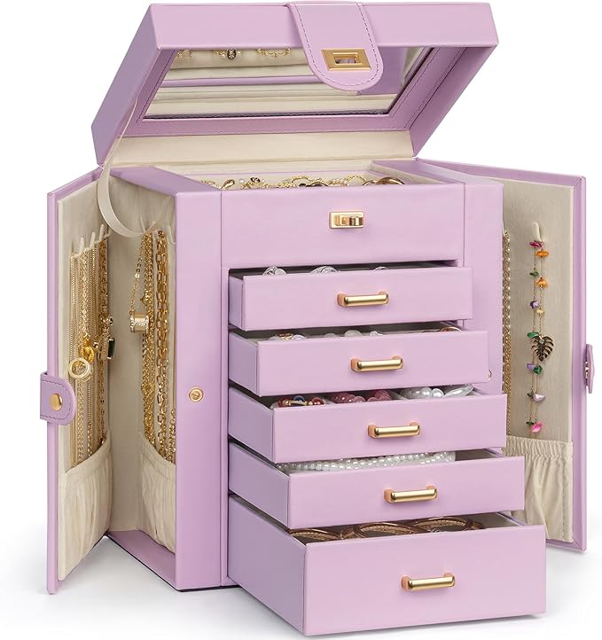 AKOZLIN Jewelry Box Organizer Functional Leather Jewelry Storage Case for Women Girls Ring Necklace Earring Bracelet Holder Organizer with Mirror-CubbioJoy