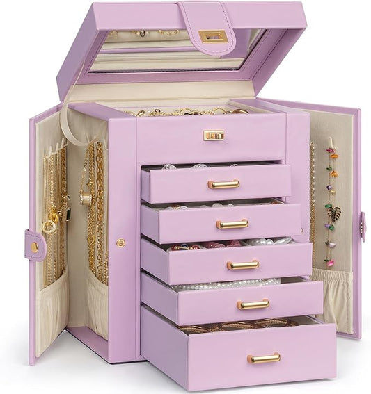 AKOZLIN Jewelry Box Organizer Functional Leather Jewelry Storage Case for Women Girls Ring Necklace Earring Bracelet Holder Organizer with Mirror-CubbioJoy