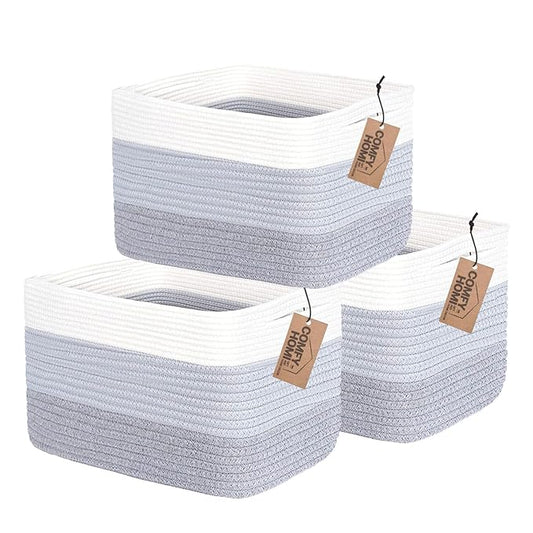COMFY-HOMI 3PACK Cotton Rope Woven Basket With Handles for Shelves, Toy, Book, Cloth Storage Basket for Organizing|13.5" x 11" x 9.5" Decorative Nursery Cube Bin for Living Room（White / 3-Tone Grey）-CubbioJoy
