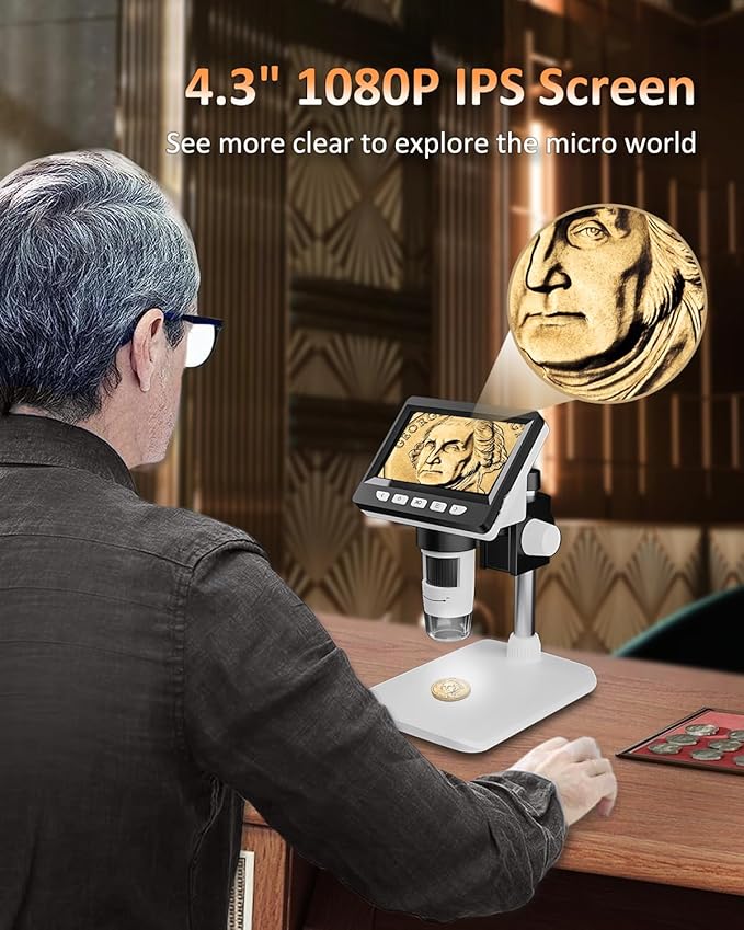 Coin Microscope - 4.3" LCD Digital Microscope 1000X, 1080P USB Coin Magnifier for Error Coins with 8 Adjustable LED Lights, PC View, Compatible with MacOS Windows-CubbioJoy