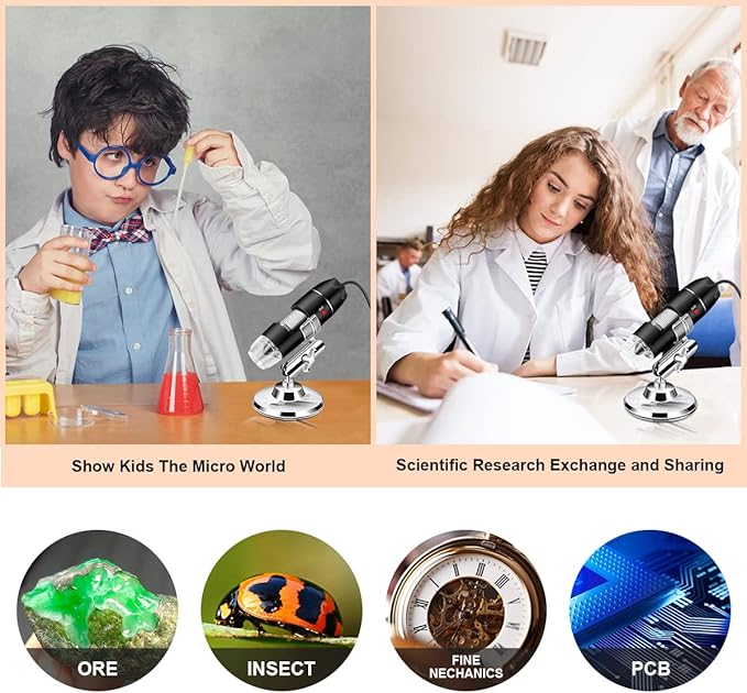 Digital USB Microscope Camera, 40X to 1000X, with Metal Stand & Carrying Case, Compatible with Android, Windows, Linux, Mac, Portable for Kids, Students, Adults-CubbioJoy