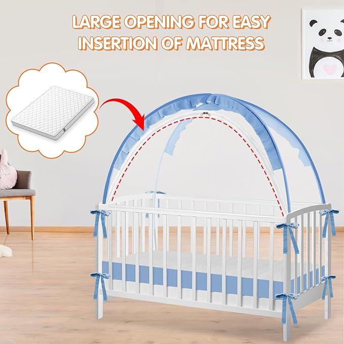 Crib Tent to Keep Baby from Climbing Out - Crib Net to Keep Baby in - Pop Up Breathable Cribs Cover - Canopy with Upgrade Strong Mesh and Durable Zipper (Blue, Lager)-CubbioJoy