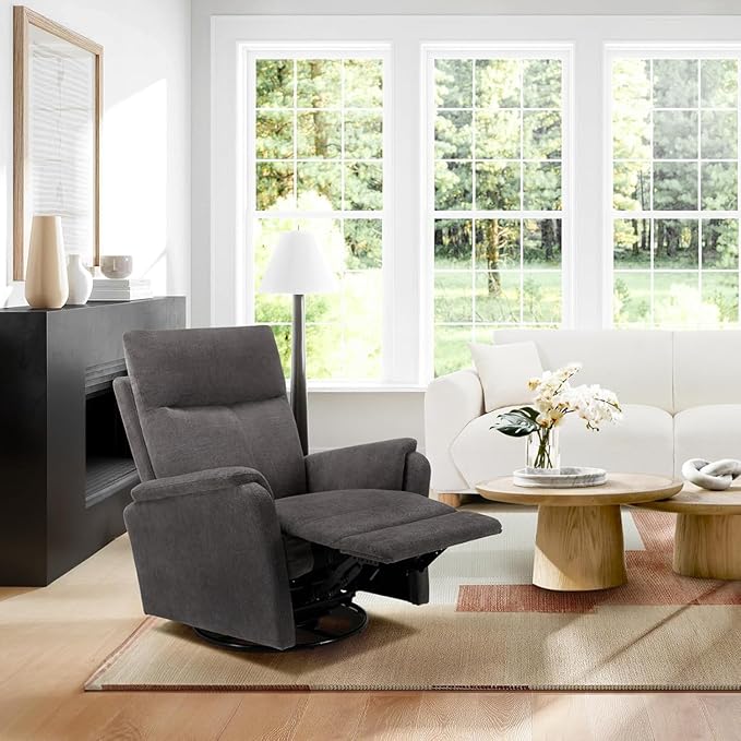 COLAMY Swivel Recliner Chair with Footrest, Strong Glide Chair High Back with Double-Layer Cushion, Rocker Recliner for Nursery & Living Room, Bedroom, Charcoal-CubbioJoy