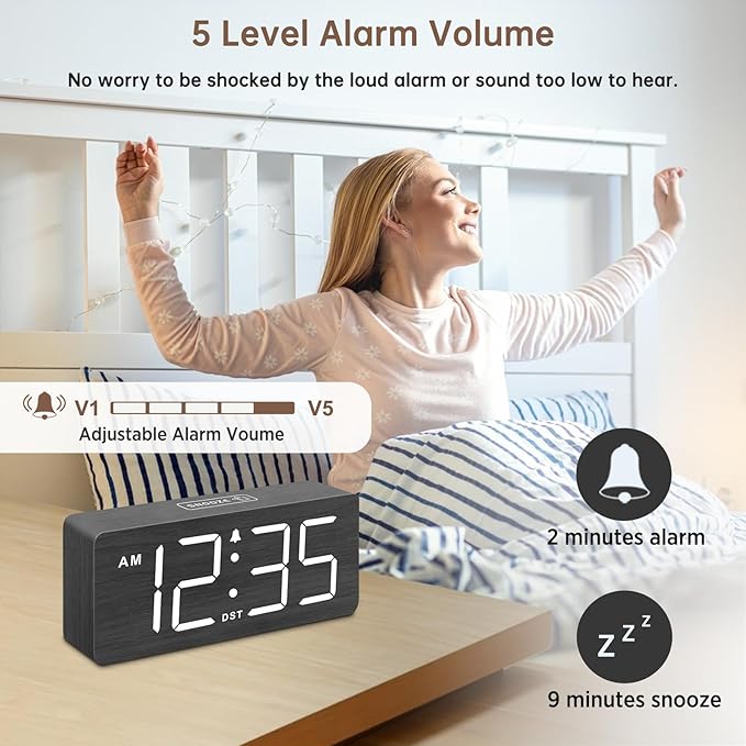 DreamSky Wooden Digital Alarm Clock for Bedroom - Loud Alarm Clock for Heavy Sleepers with Volume Control, Desk Clocks for Living Room with Large Numbers, Dimmer, DST, Wood Decor (Adapter Powered)-CubbioJoy