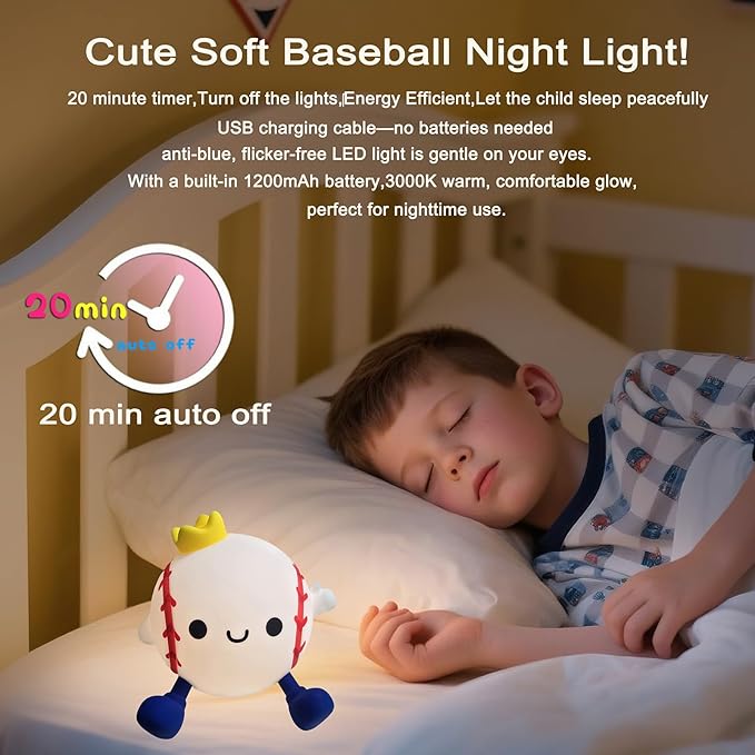 DREAMING MY DREAM Baseball Night Light,Cute Silicone Squishy Novelty LED Night Lamp, Touch Lamp with 2 Levels Dimmable 20Min Timer,for Nursery Bedroom Kids Room Boys Girls Gifts-CubbioJoy