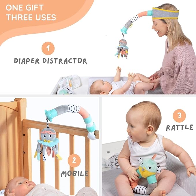 DINGLE DANGLE - Baby Gift Set - 3 in 1 Diaper Changing Helper Headband, Baby Mobile, & Sensory Rattle; Newborn Essentials Must Haves - Great Baby Registry or Shower Gift - Featured on Shark Tank-CubbioJoy