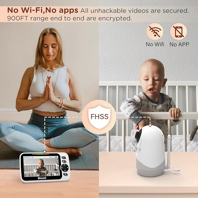Baby Monitor with 30-Hour Battery, 5" Large Split-Screen Video Baby Monitor with Camera and Audio, 3500mAh Battery, Remote Pan/Tilt/Zoom Camera, Two-Way Talk, Night Vision, Lullabies, No WiFi-CubbioJoy