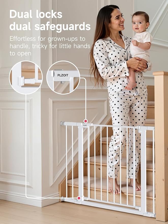 29.5-40.5" Baby Gate for Stairs, Dog Gate for Doorways, Walk Thru Auto Close Metal Baby Safety Gate for The House, Stairs and Doorways, Child Gate Pressure Mounted, Pet Gate for Dog Indoor - White-CubbioJoy