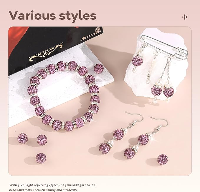 160pcs 10mm Rhinestone Beads for Jewelry Making, Light Purple Shiny Round Disco Beads Bulk, Sparkle Crystal Clay Christmas for Bracelet Baseball Necklace Earring Crafting and DIY-CubbioJoy