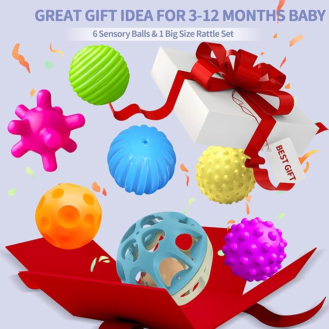 Sensory Toys for Babies, Montessori Textured Baby Balls and Wheat Straw Rattle, Baby Toys for 6-12 Months, Ideal Newborn Gifts for Boys and Girls, Toddler Toys for 1-3-CubbioJoy