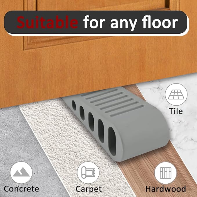 JQK Rubber Door Stopper Wedge, Grey 2 Pack Soft TPR Premium Door Stops for Bottom of Heavy Duty Door on Tile, Concrete, Carpet, Wooden Floor, DSB61-GY-P2-CubbioJoy