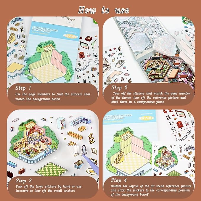 20 Sets DIY 3D Sticker Scenes for Adults Relief Stress, Cute Kawaii 3D House Sticker Therapy for Women Teen Girls Kids Pass The Time, Make Your Own Mini Room Scene Collection Book with Tweezer-CubbioJoy