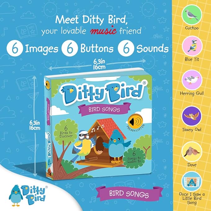 Ditty Bird Animal Sounds Book for Toddlers – Interactive Book Featuring Cuckoo, Blue Tit, Herring Gull, Tawny Owl & Dove Sounds | Musical Board Book for Ages 1-3 | Perfect Educational Gift for Toddler-CubbioJoy