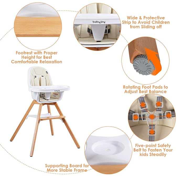 BABY JOY 3 in 1 High Chair, Baby Eat & Grow Convertible Wooden High Chair/Rocking Chair/Booster Seat/Toddler Chair, Infant Dining Chairs w/Double Removable Tray, 5-Point Seat Belt & PU Cushion, Beige-CubbioJoy