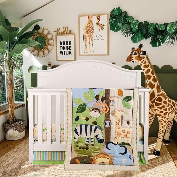 Brandream Jungle 3- Piece Nursery Crib Bedding Sets for Boys - Zebra Elephant Lion Monkey Giraffe Crocodile Birds - Playful Animal Zoo-CubbioJoy