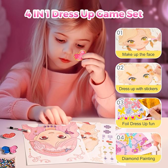 4 in 1 Princess Art Craft Kits, Foil Crafts Art Fun & Gem Painting, Makeup Diamond DIY Activity, Dress Up Sticker Books,Travel Toys, Ideal Toys for Girls Ages 6 7 8+ Years Old-CubbioJoy