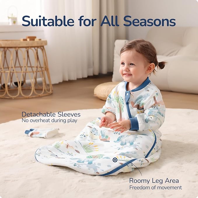 Baby Sleep Sack 18-24 Months, Cotton Detachable Long Sleeve Sleep Sack, 1.0 Tog Toddler Sleeping Sack with Temperature Strips, 2-Way Zipper Wearable Blankets for Newborns, Dinosaur-CubbioJoy