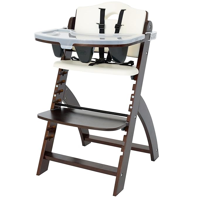 Abiie Beyond Junior Wooden High Chair with Tray - Adjustable and Convertible High Chair for Babies and Toddlers - 6 Months to 250 Lb - Water Resistant - Mahogany Wood/White Cushion-CubbioJoy