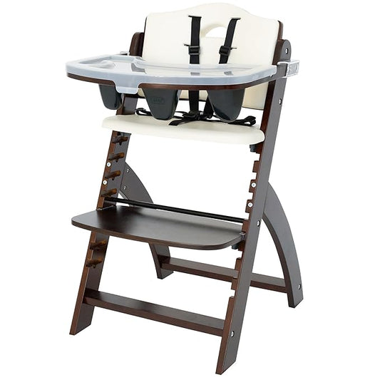 Abiie Beyond Junior Wooden High Chair with Tray - Adjustable and Convertible High Chair for Babies and Toddlers - 6 Months to 250 Lb - Water Resistant - Mahogany Wood/White Cushion-CubbioJoy