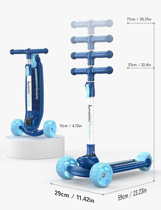 Besrey Kick Scooter for Kids Ages 3-10, 3-Wheel Folding Scooter with Adjustable Height, LED Light Wheels, Extra Wide Deck for Outdoor Activities-CubbioJoy